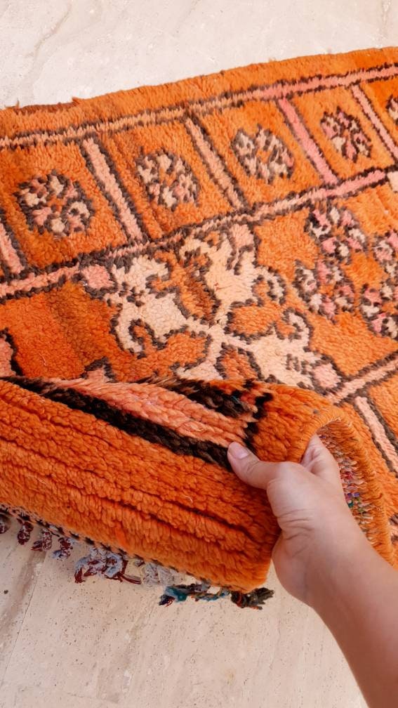 Vintage Boujaad Runner Rug: 2.5x9.8, Papaya Orange Berber Rug