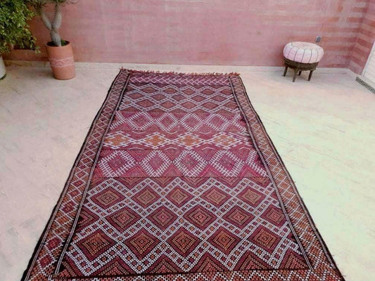 Vintage Moroccan Rug 6.3x11.8 Stunning kilim rug, Large area rug Vintage sequins berber rug Bedroom Rug, Warm Red Orang