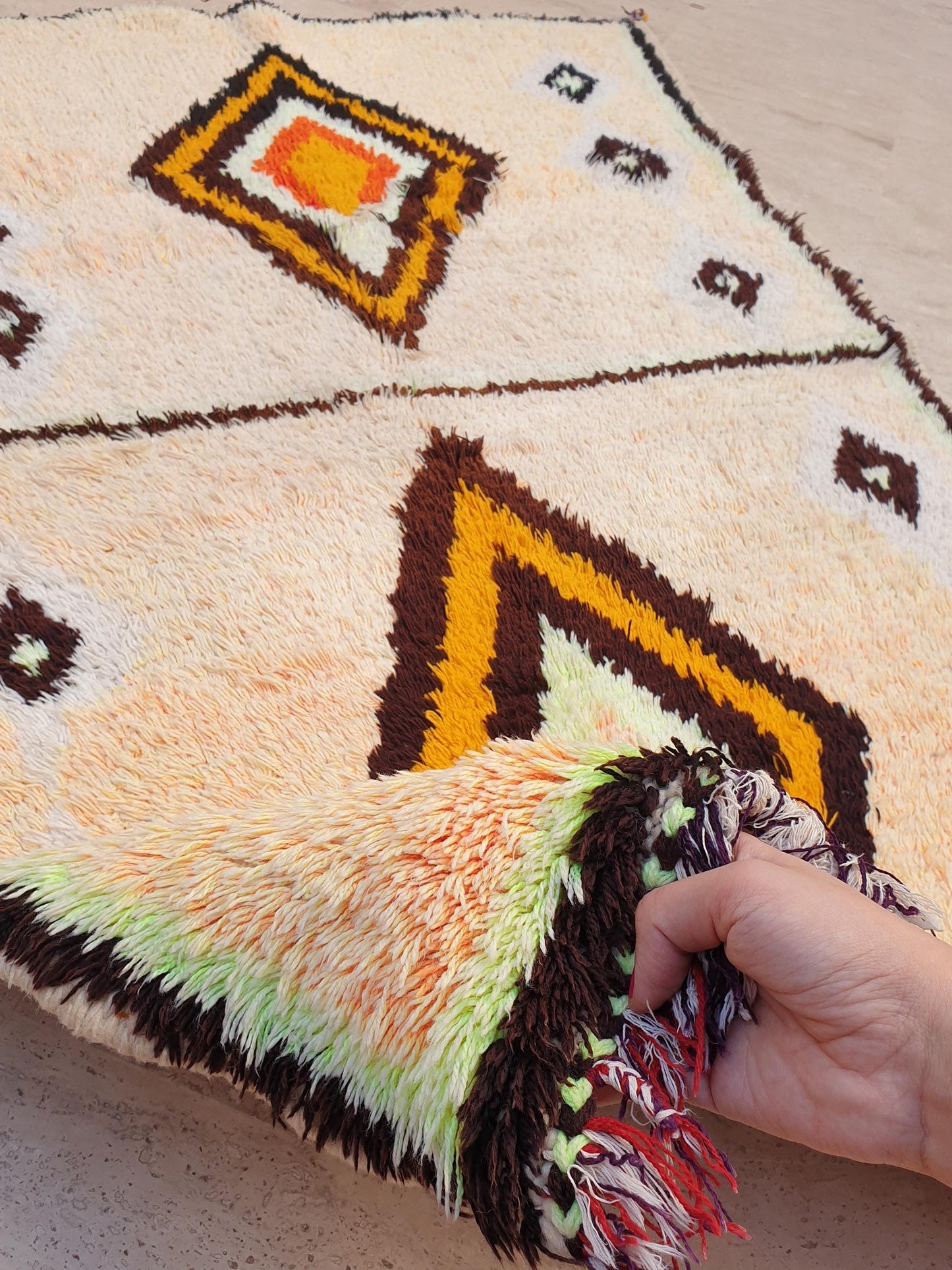 Vintage Moroccan Rug, Gelato Pastel Boujaad Accent Rug 3x4.7  Small Moroccan Rug, Peach Neon Yellow Bedroom Rug