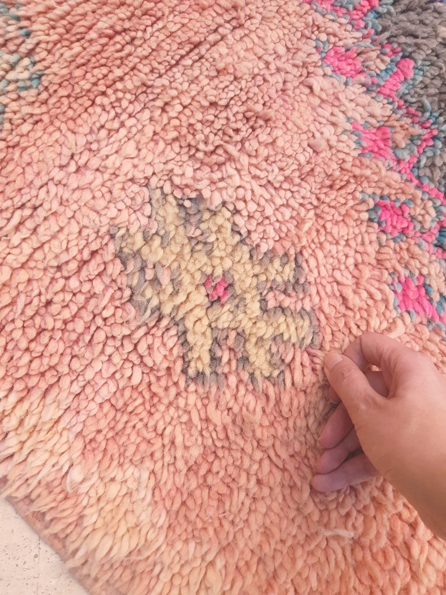 Vintage Moroccan Rug, Soft Blush Boujaad Runner 3.5x7.7 ft faded rose pastel rug, Tribal blue gray medallions, Handmade wool art