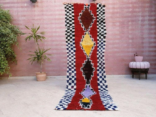 Vintage Moroccan Runner Rug • 2.6x8.9 ft • Colorful Abstract Hallway Boujaad • Red, Blue & Yellow Berber Wool Carpet • One-of-a-Kind carpet