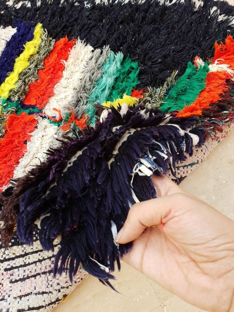 Vintage Moroccan Rug 2.7x7.5 black navy Runner Rug, Azilal rug, Black boucherouite rug, living room rug morrocan bedroom rug, boho rug,