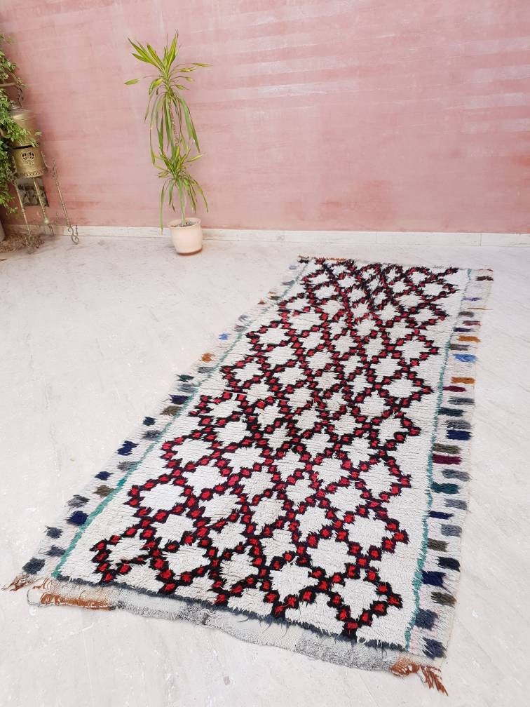 Vintage Moroccan Boujaad Rug, Red Black Ivory, Large Bohemian Rug (4.3'x9')