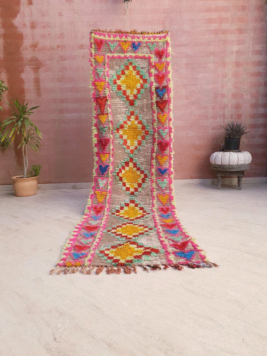 Super pretty Vintage Moroccan Runner Rug, Colorful Hearts Berber Rug 2.9x9.7 Handmade Wool children rug, playful Hallway rug