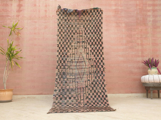 Vintage Moroccan rug 2.9x7.6 Gorgeous Blush Brown Peach Pink Checkered rug | Boujaad hallway rug boujad rug