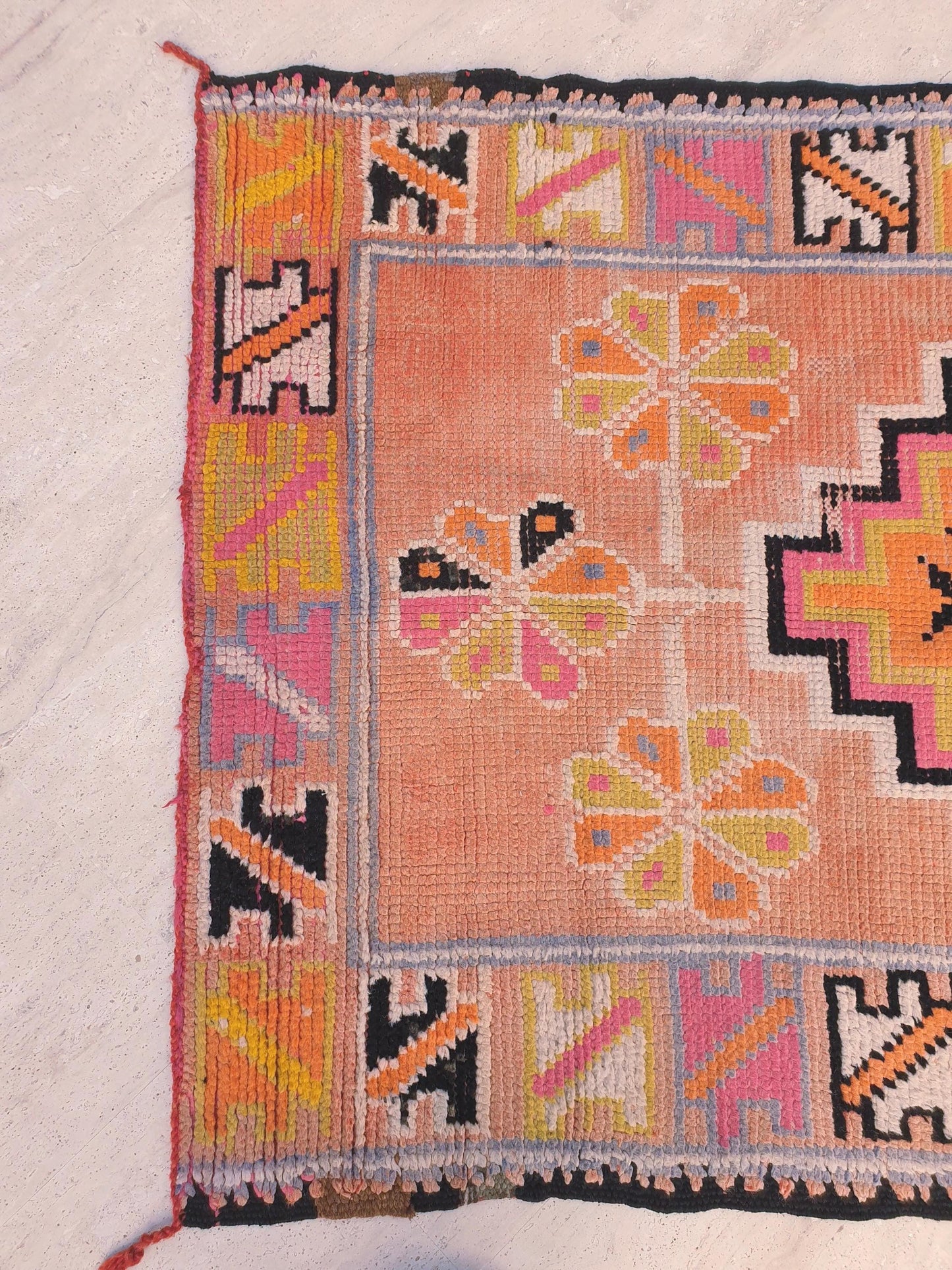Vintage Moroccan Rug, Squarish Boujaad in Peach and Sunset Tones, 3.5x5 ft