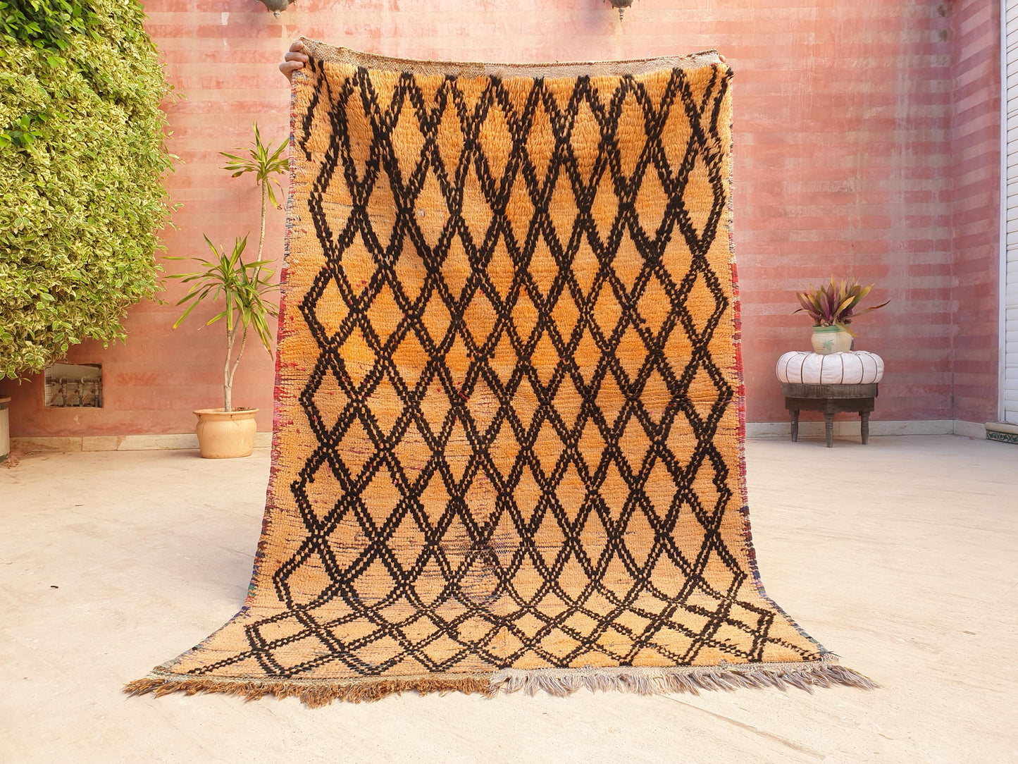 Vintage Moroccan Boujaad Rug Amber Orange with Black Diamond Pattern •  3.6 x 5.6 ft •