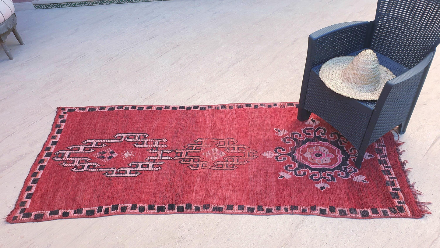 Vintage Moroccan Rug 3.1x7.6 Gorgeous Unique Red Boujaad Statement Runner Rug, bedroom rug, Abstract accent rug