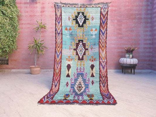 Gorgeous Sky blue vintage moroccan rug 3.6x7.7 cyan boucherouite rug, vintage boujaad rug, colorful tribal rug, geometric berber rug
