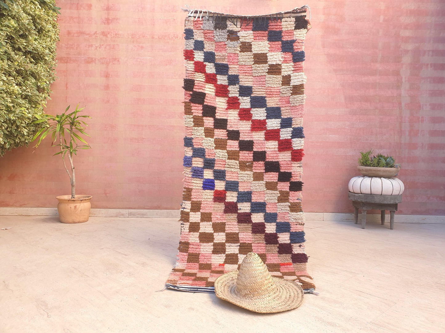 Gorgeous Moroccan Runner Rug • 2.5ft x 6.6ft • Checkered Boujaad Rug • Blush Brown Pink rug • Colorful Boucherouite rug