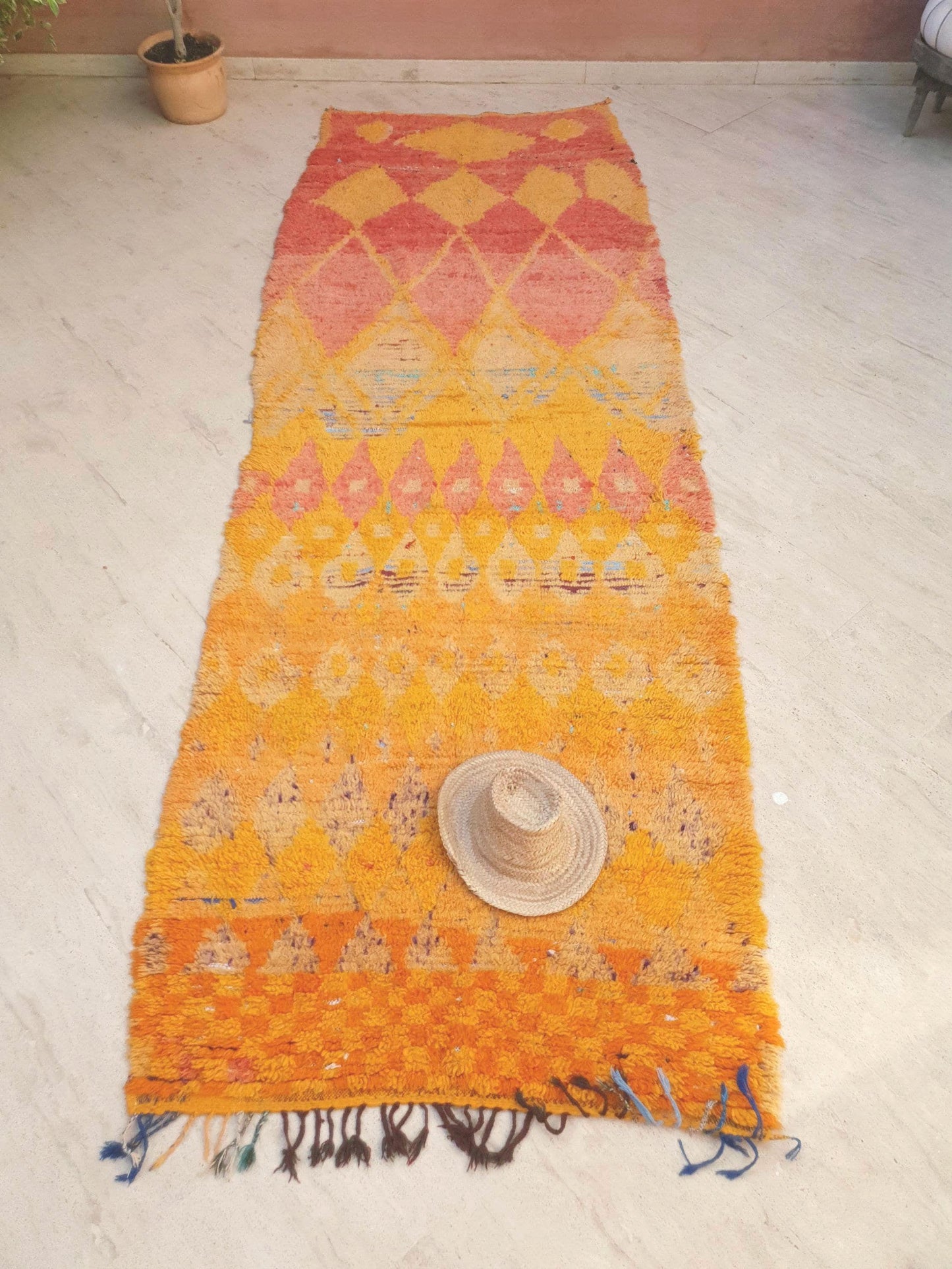 Vintage Boujaad Runner Rug, 4.2x12.1, Handwoven Moroccan Wool Rug