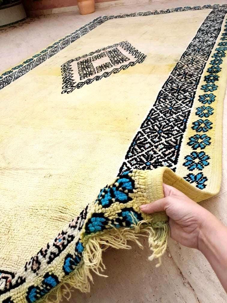Precious Moroccan Rug 6.6x13 Vintage Boujaad rug, Gaudi Artistic rug, Large yellow mustard rug, Unique Boujad rug