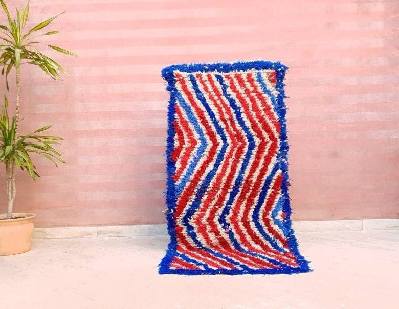 Vintage Moroccan rug 2.6x5.6 beautiful Unique Runner rug USA blue red striped Moroccan Accent rug, unique Abstract Rug