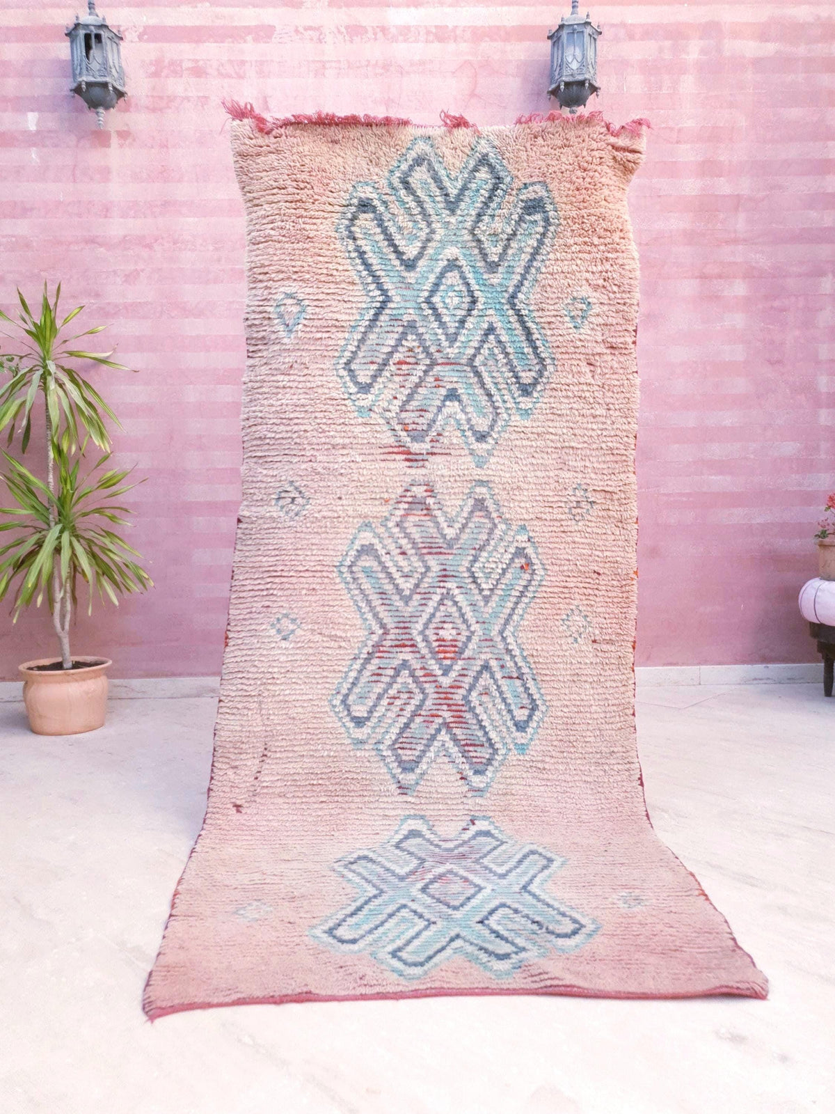 Vintage Blush Boujaad Rug 3.7x8.3 Berber Hallway Rug, Artistic Symbols Rug