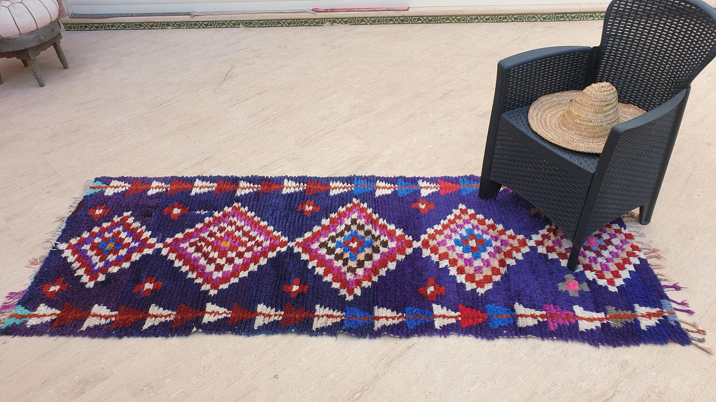 Vintage Moroccan rug 3x7.8 Gorgeous blue purple Boucherouite Rug, hallway rug, geometric runner rug, blue boujaad rug