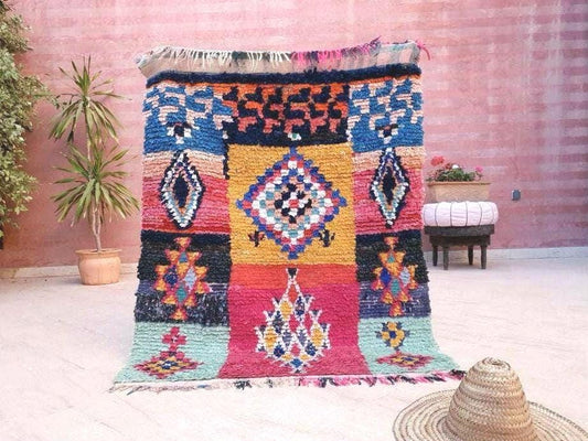 Vintage Moroccan rug Super Pretty Unique Colorful boucherouite rug 3.5x4.5 Squarish Rug, Morocco rug bedroom rug Berber rug Tribal rug