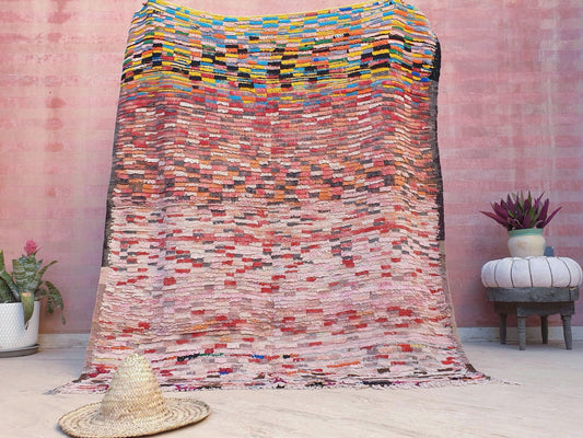 Vintage Moroccan Rug 5.5x6.5 Stunning Checkered Boujaad Rug, blush berber rug, pink checkered Hallway Rug | accent rug