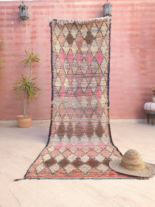 Vintage Boujaad Runner, Dusty Coral & Earth Tones 3x9.1 ft Moroccan Hallway Rug