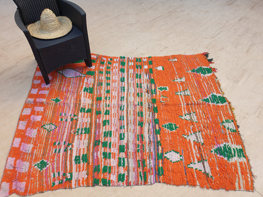 Vintage Moroccan Rug 5x6.7 Stunning Orange Super Unique Boujaad Rug, Green & Lilac Accents, abstract Living room rug