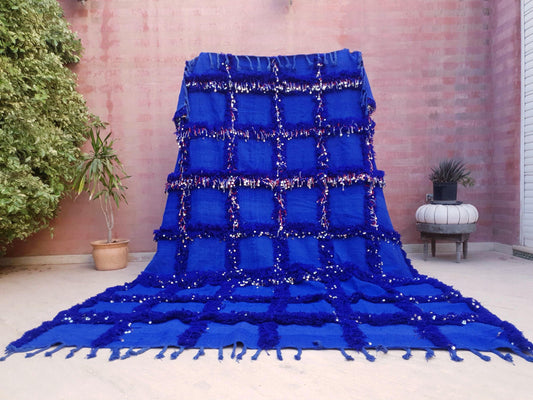 Gorgeous Moroccan Wedding Blanket 7.5x9.5 Large Handira Rug, Royal Blue Sequin Wool Throw, Boho Berber Textile