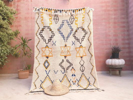 Stunning Moroccan Jewish Rug 4.3x6.3 Handwoven Berber Jewish Star Rug, Vintage Handmade Moroccan Judaica Rug