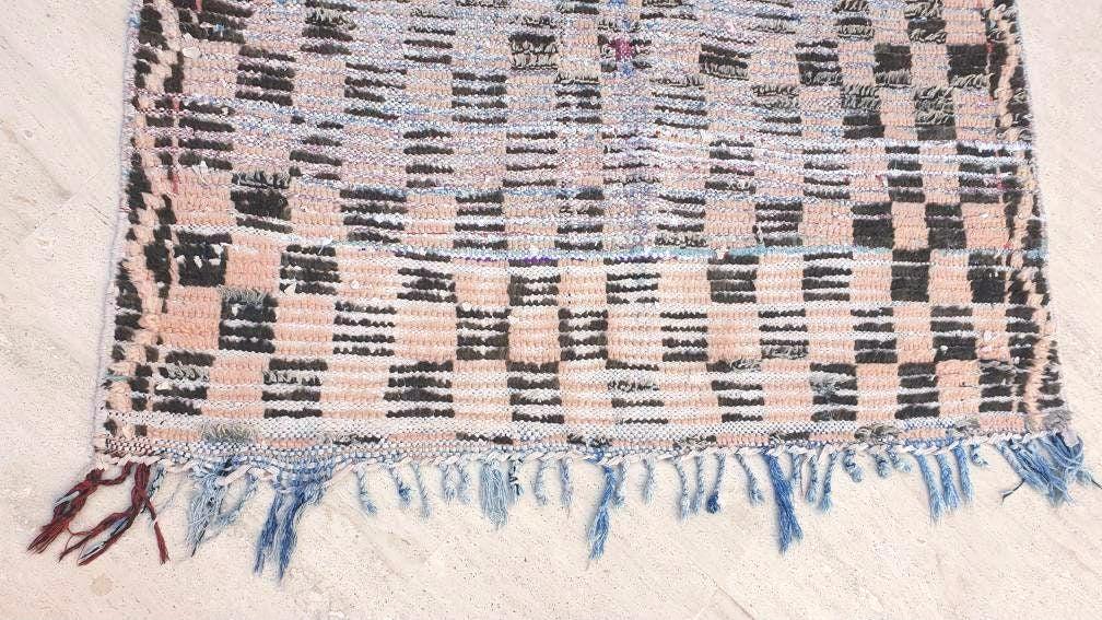 Vintage Moroccan Rug 4.2x7.1 Gorgeous Blush Checkered Boujaad Rug | living room rug | Purple Peach checkered Area Rug