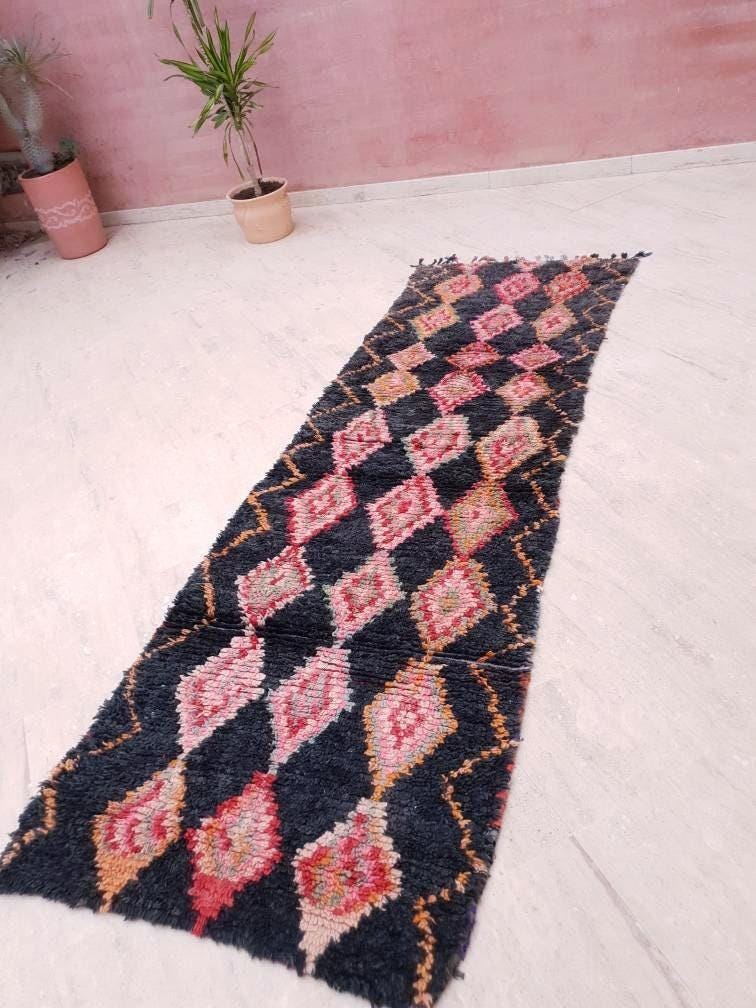Vintage Moroccan Rug 3x9 Black Rug, Retro runner Rug, Unique Hallway Rug, boujaad accent rug boucherouite rug