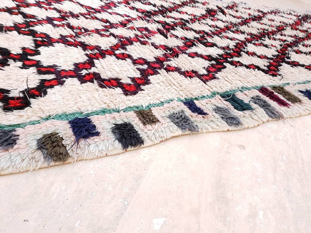 Vintage Moroccan Boujaad Rug, Red Black Ivory, Large Bohemian Rug (4.3'x9')