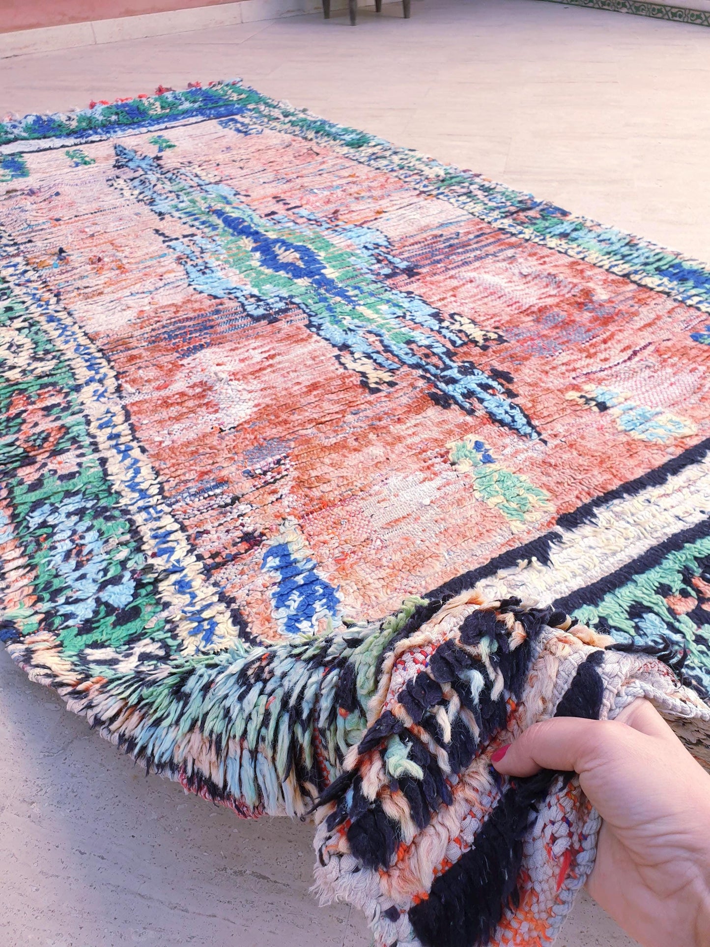 Vintage Moroccan Rug, Painterly Abstract Boujaad rug , 4.2x9 ft Earth & Ocean Tones pastels rug, pastel bohemian rug