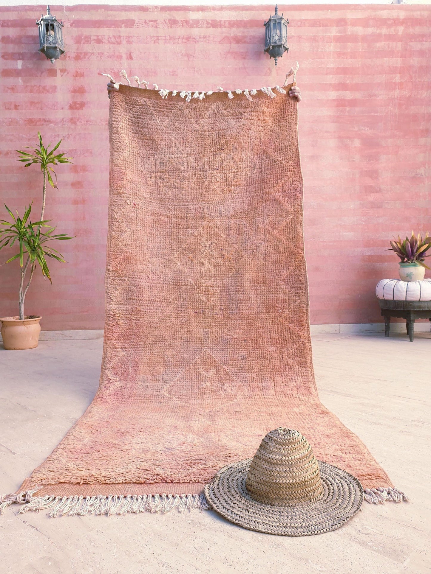 Vintage Faded Peach Beni M’Guild Runner, Subtle Tattoo Pattern, 3.4 x 8.2 ft