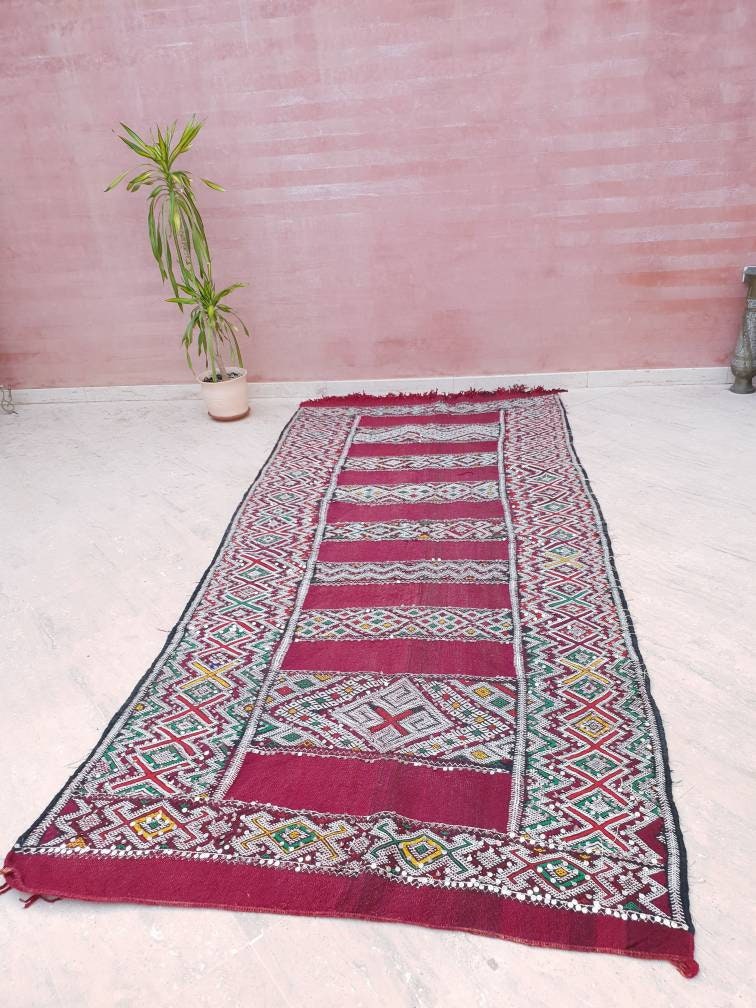 Vintage Sequined Berber Rug | 4x10 ft Maroon Moroccan Kilim Runner