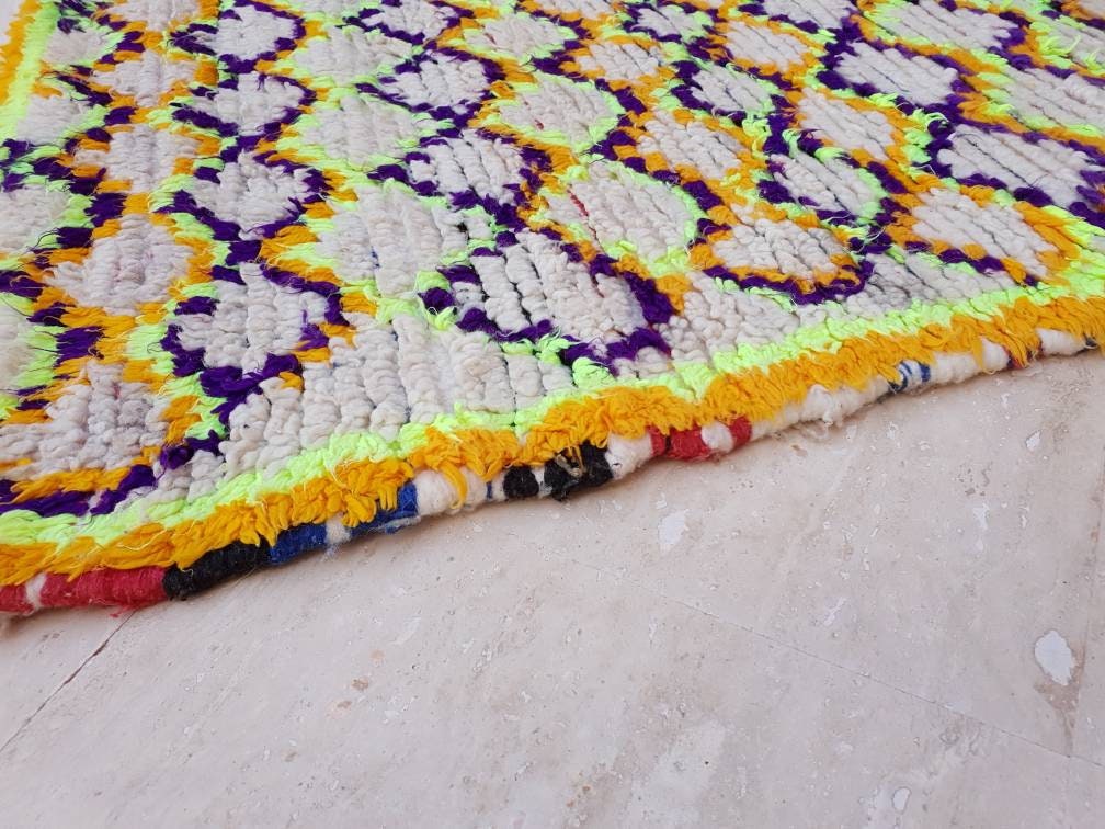 Vintage Moroccan Azilal Rug, Yellow Purple Orange, 4x8.6 ft