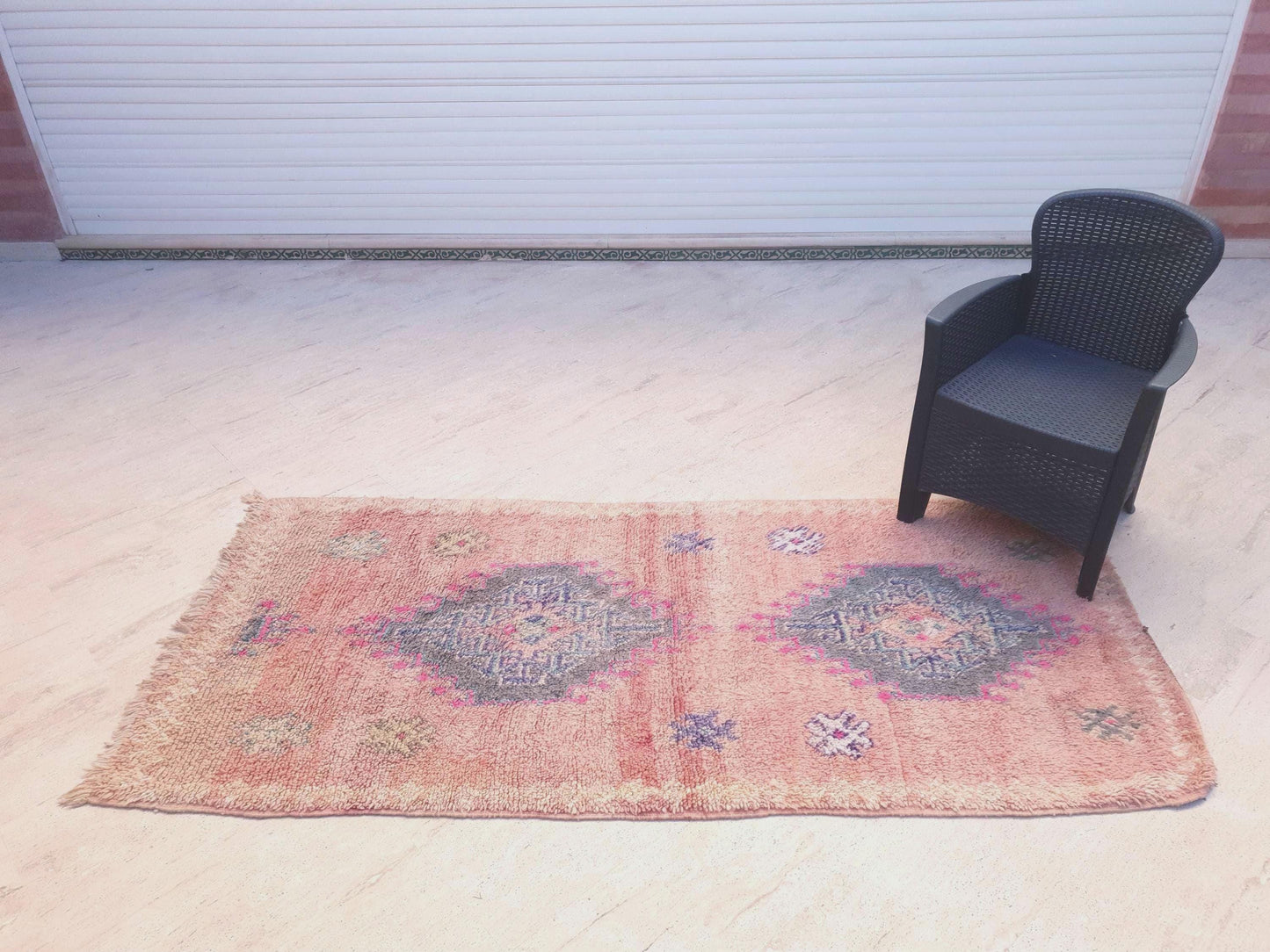 Vintage Moroccan Rug, Soft Blush Boujaad Runner 3.5x7.7 ft faded rose pastel rug, Tribal blue gray medallions, Handmade wool art