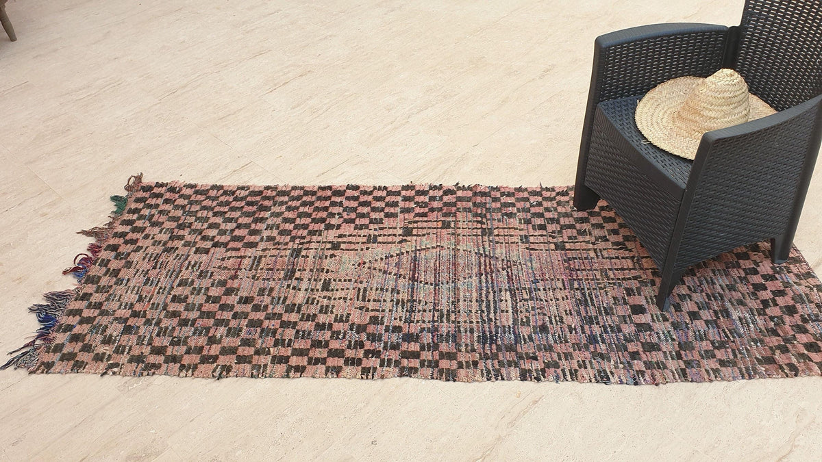 Vintage Moroccan rug 2.9x7.6 Gorgeous Blush Brown Peach Pink Checkered rug | Boujaad hallway rug boujad rug