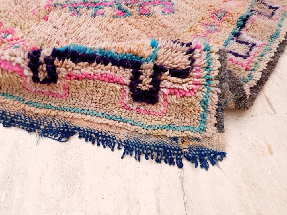 Vintage Moroccan rug 4x10.2 Gorgeous Boujaad rug, Blush Aqua Beige Pink pastels rug vintage berber boujad hallway rug