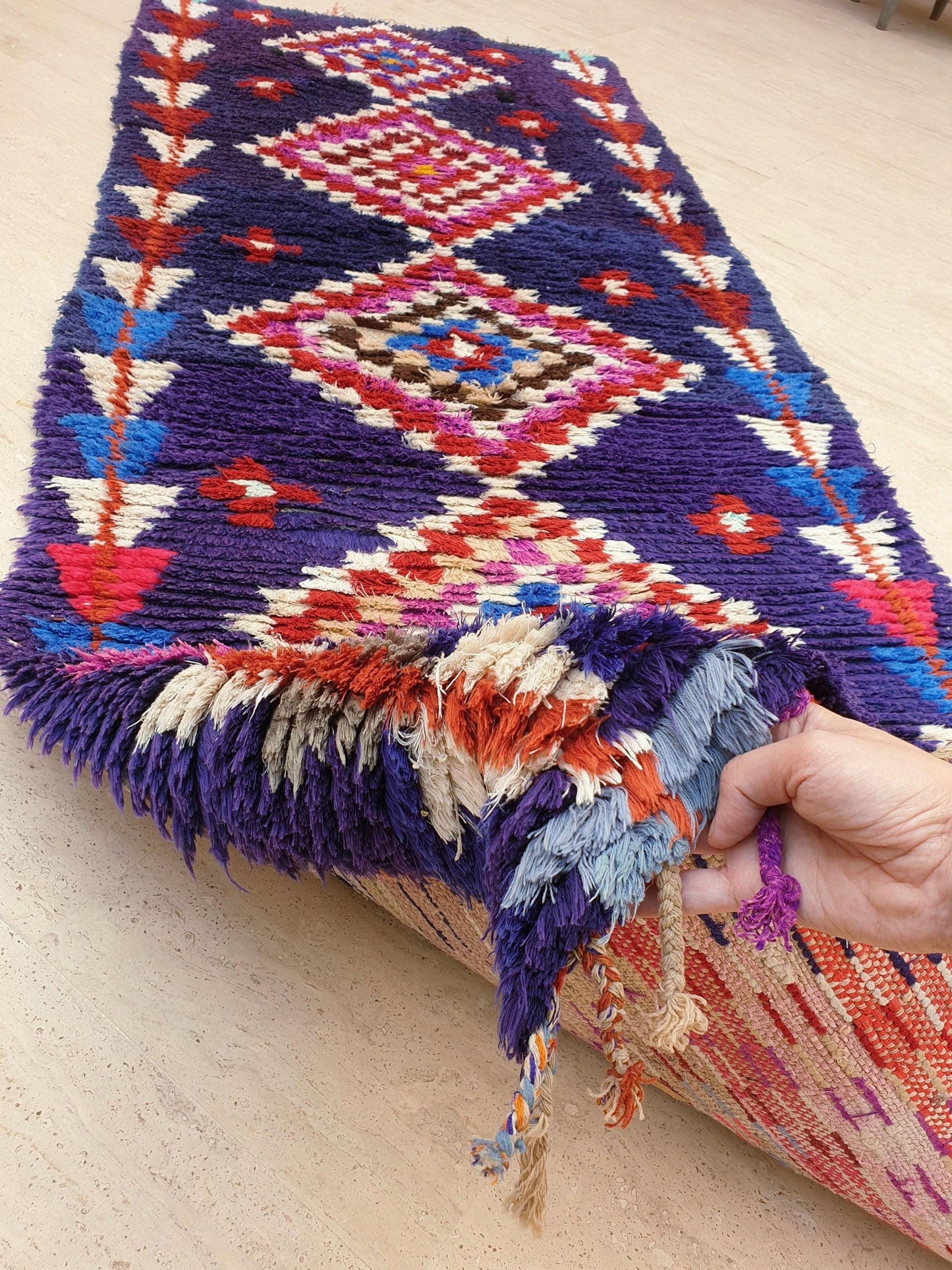 Vintage Moroccan rug 3x7.8 Gorgeous blue purple Boucherouite Rug, hallway rug, geometric runner rug, blue boujaad rug