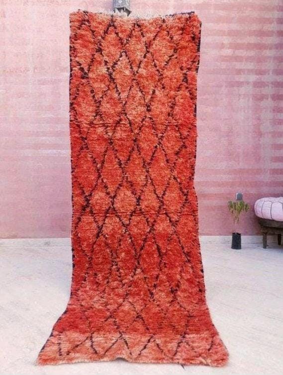 Vintage Fire Red Boujaad Moroccan Rug, Hallway Runner 2.9x8.2