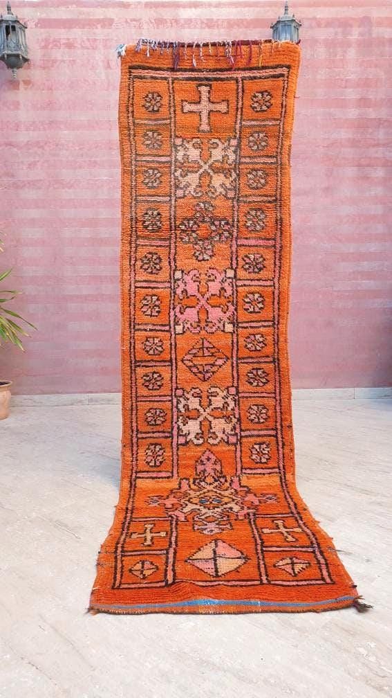 Vintage Boujaad Runner Rug: 2.5x9.8, Papaya Orange Berber Rug