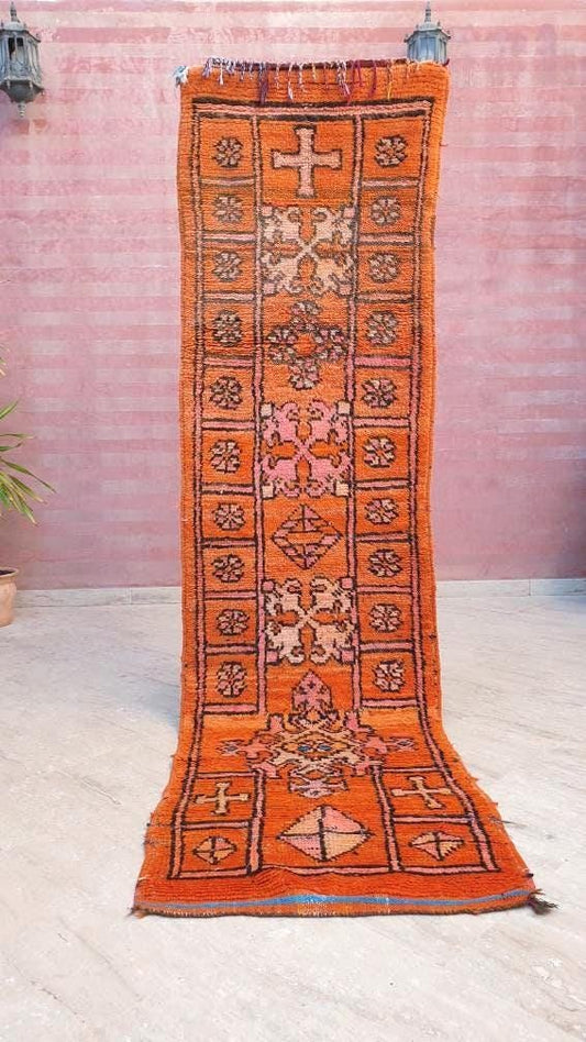 Vintage Boujaad Runner Rug: 2.5x9.8, Papaya Orange Berber Rug