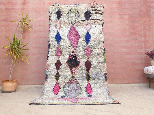 Vintage Moroccan rug 4x7.8 Gorgeous White Pink Colorful Abstract boucherouite rug hallway rug boujaad rug