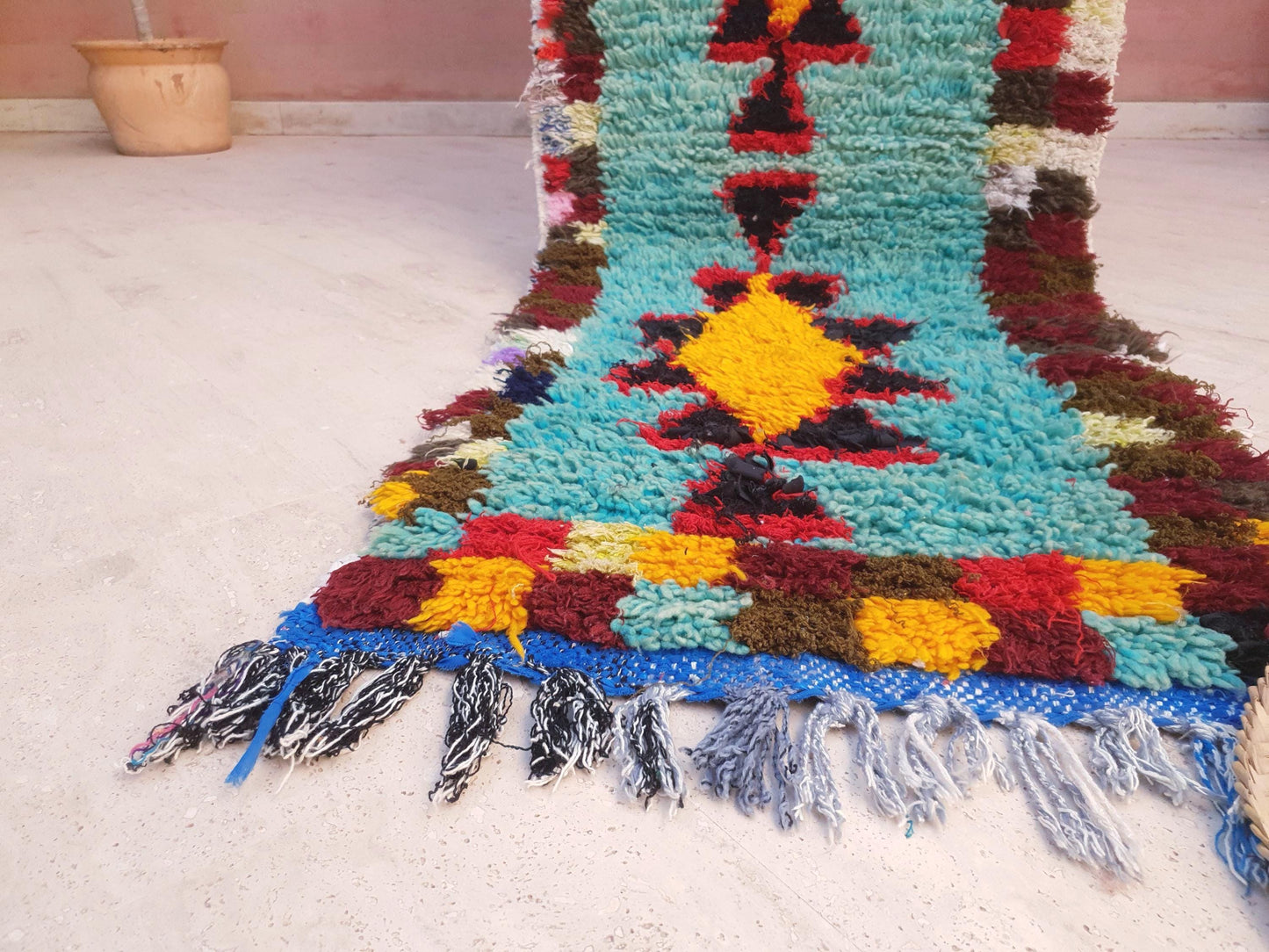 Turquoise Berber Hallway Runner Rug: Wool & Cotton Boujaad Rug, 2.2x8 ft