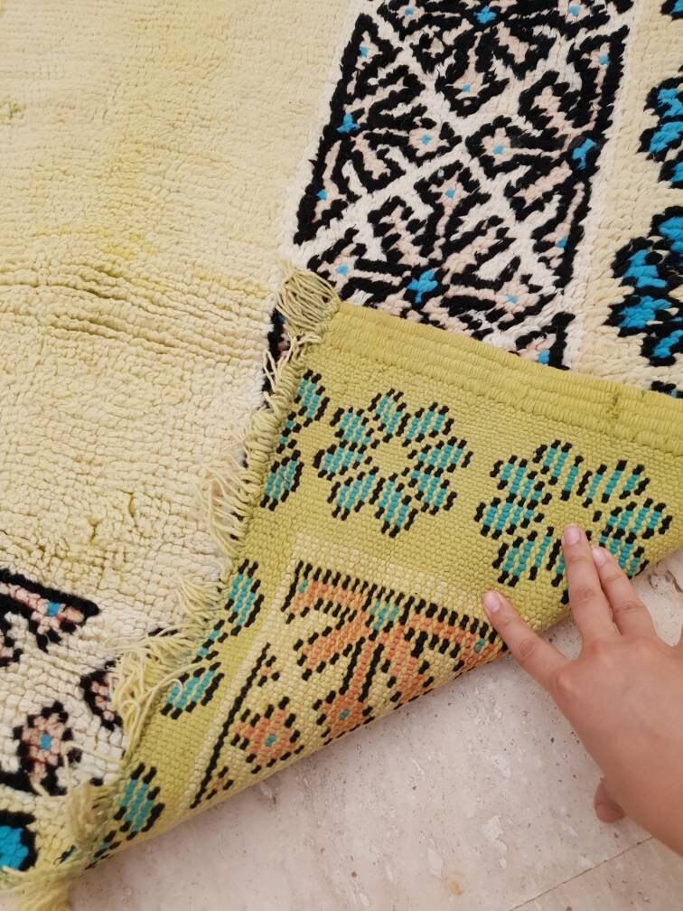 Precious Moroccan Rug 6.6x13 Vintage Boujaad rug, Gaudi Artistic rug, Large yellow mustard rug, Unique Boujad rug