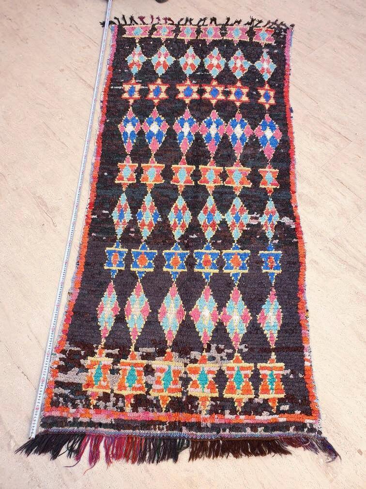 Vintage Moroccan rug "Magen David"  3.5x7.7 Unique rug, bedroom rug living room rug, Berber Jewish rug, beni ourain rug