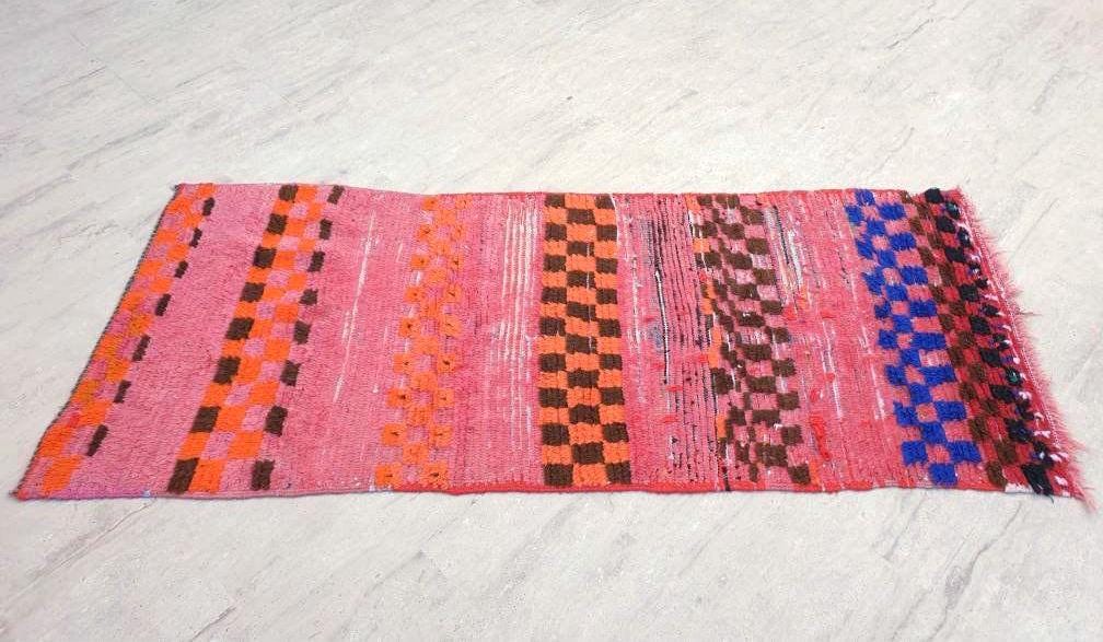 Vintage Moroccan Rug 3x7 Gorgeous Checkered Rug | Peach Runner Rug  | Berber Tribal Rug | Pach Pink Blue Accent Rug