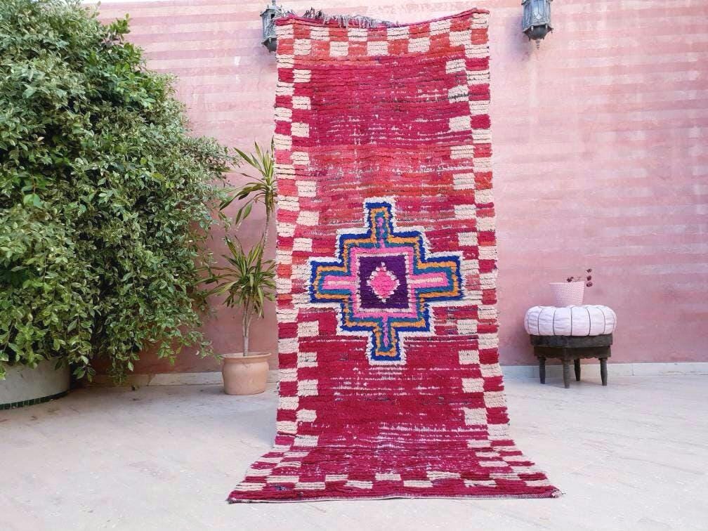 Vintage Moroccan rug 3.1x8.1 Gorgeous Boujaad runner rug, Maroon Beet Purple Boujad rug, Entry hallway rug