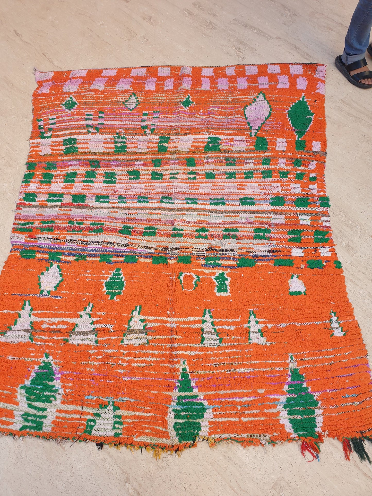 Vintage Moroccan Rug 5x6.7 Stunning Orange Super Unique Boujaad Rug, Green & Lilac Accents, abstract Living room rug