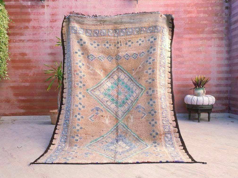 Vintage Moroccan Rug 5.4x7 Marvelous large cream rug Latté Boujaad Teal Beige rug, pastels morocan rug, squarish carpet