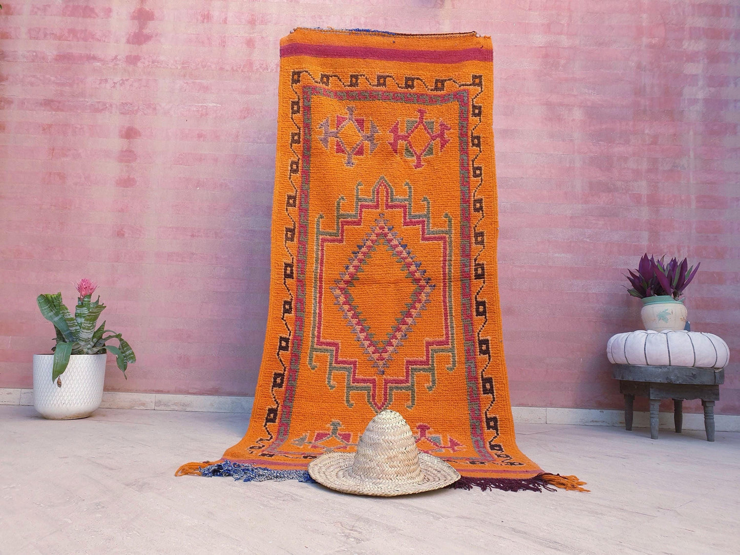Vintage Orange Berber Rug: Handwoven Moroccan Hallway Rug (3.5x8.3 ft)