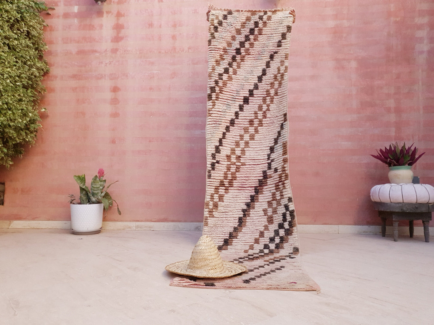 Vintage Moroccan Rug 2.4x9.8 checkered Boujad Runner Rug, Super unique Berber Brown Blush hallway Rug, boho boujaad rug