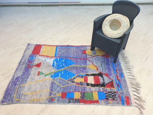 Gorgeous Moroccan Rug boujaad rug 4.1x6.3 Purple Wool rug, living room rug, Unique Abstract Red Yellow rug bedroom rug